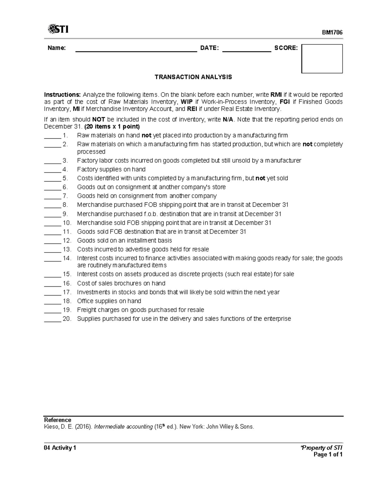 Transaction Analysis Activity 1: Costs of Inventory (BM 04) - Studocu