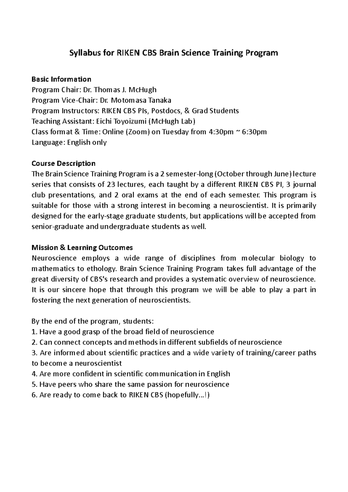 RIKEN CBS Brain Science Training Program Syllabus 2022-2023 - Studocu