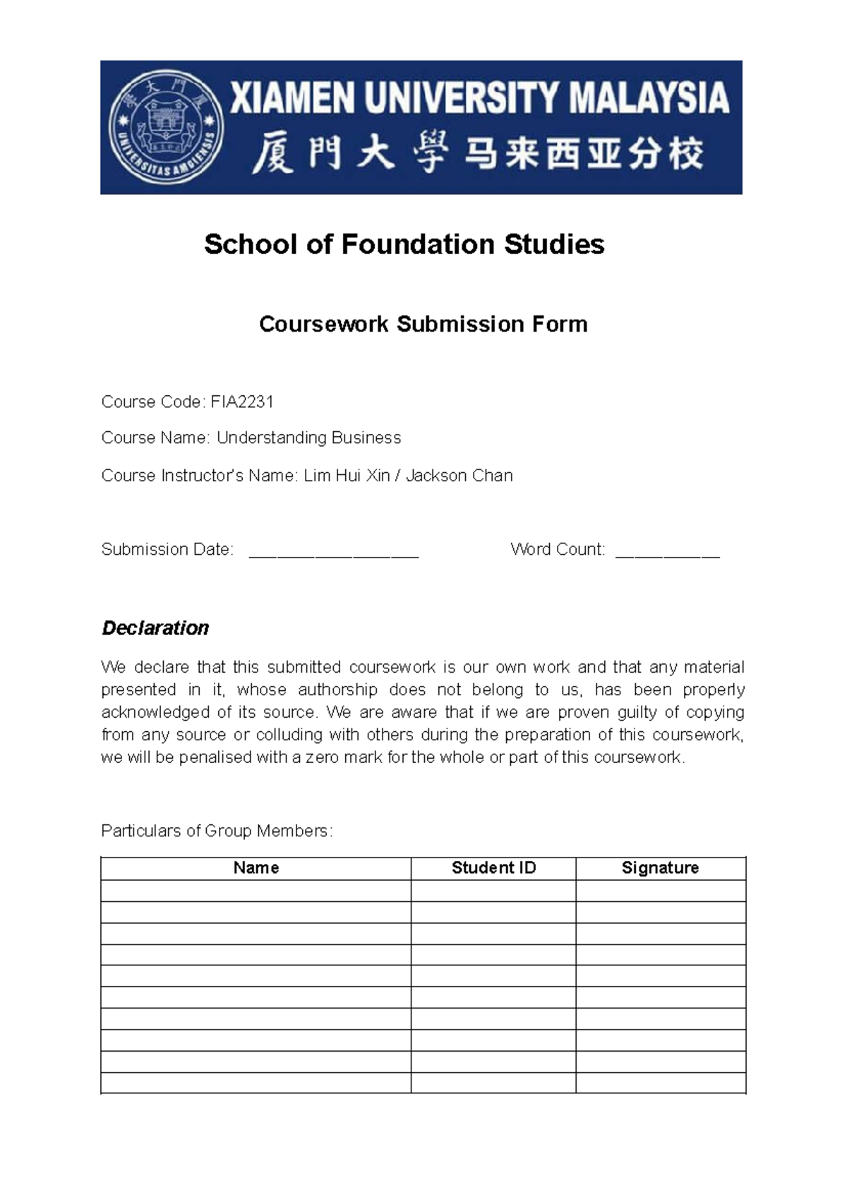 FIA2231 Coursework Submission Form - Understanding Business - Studocu