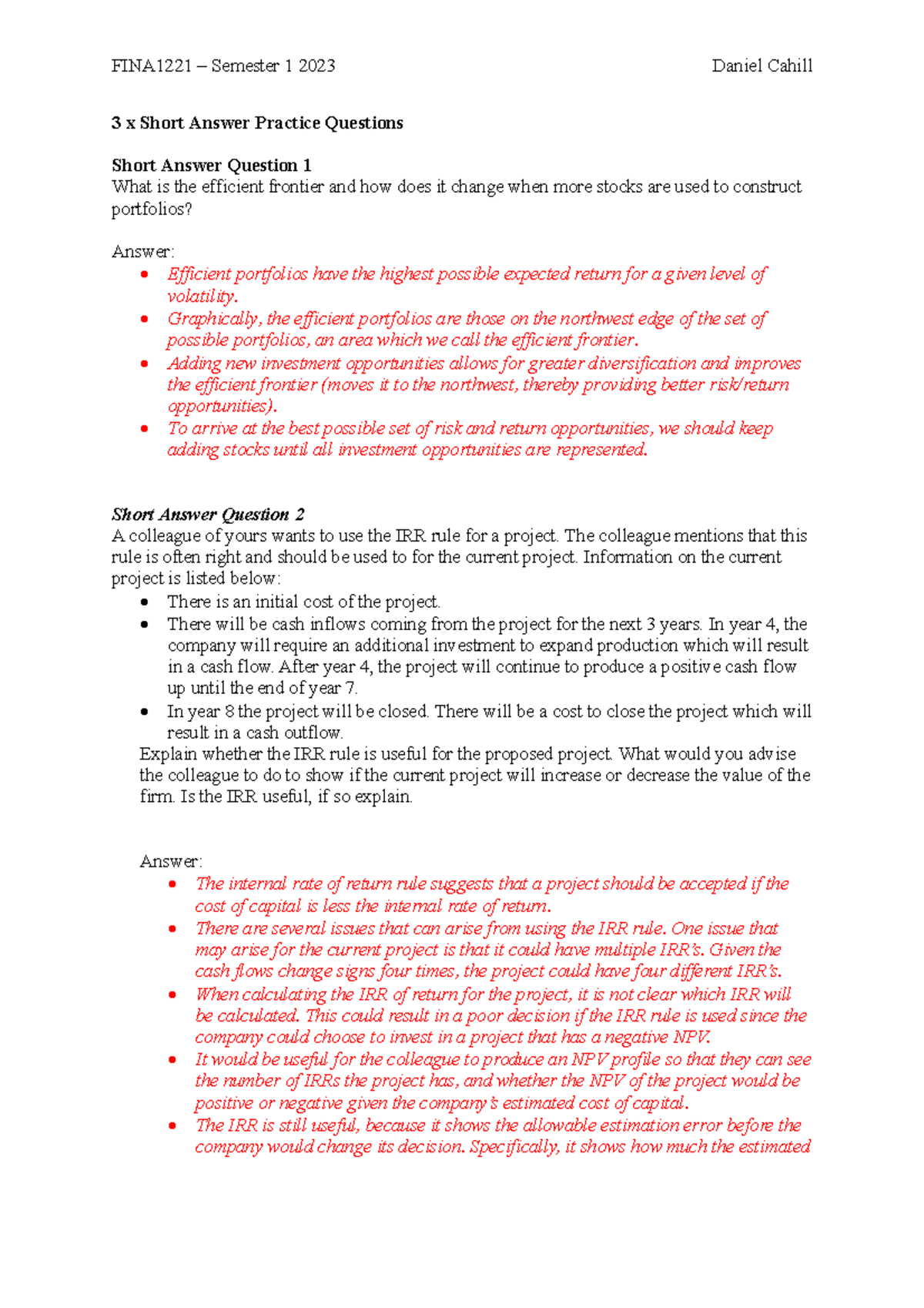 FINA1221 - Short Answer Practice Questions for Semester 1 2023 - Studocu