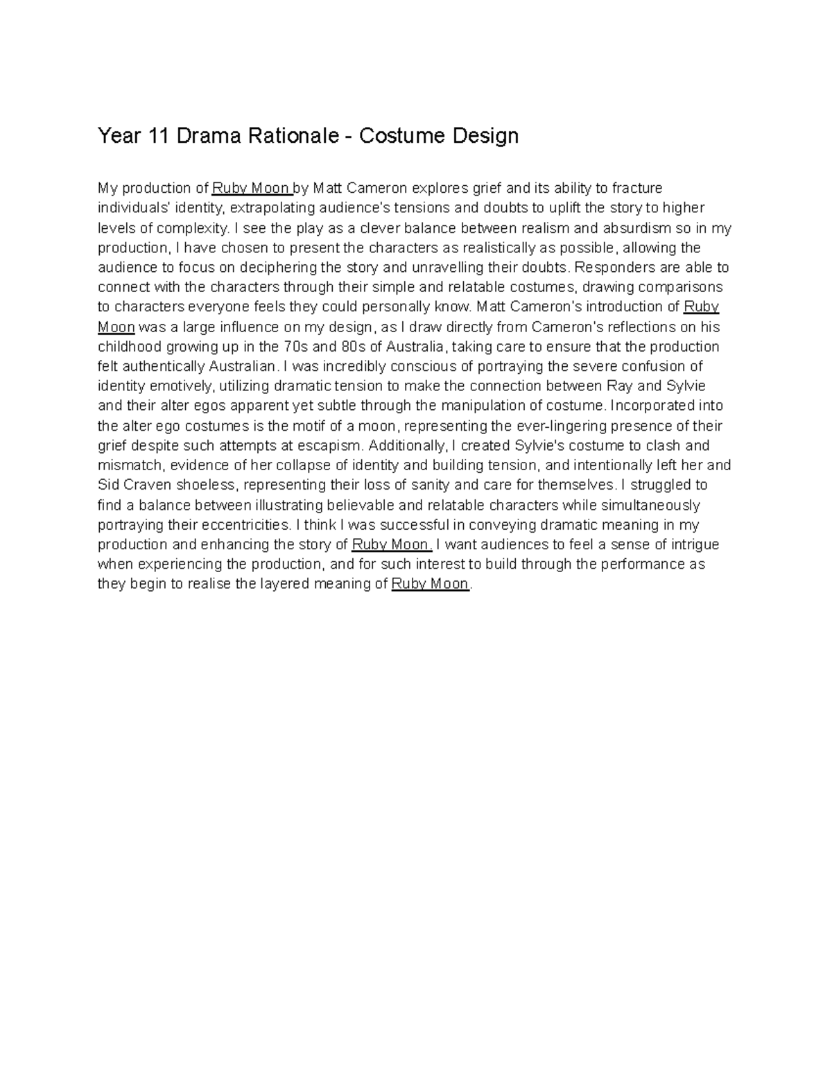 Year 11 Drama - Costume Design Rationale for Ruby Moon Production - Studocu
