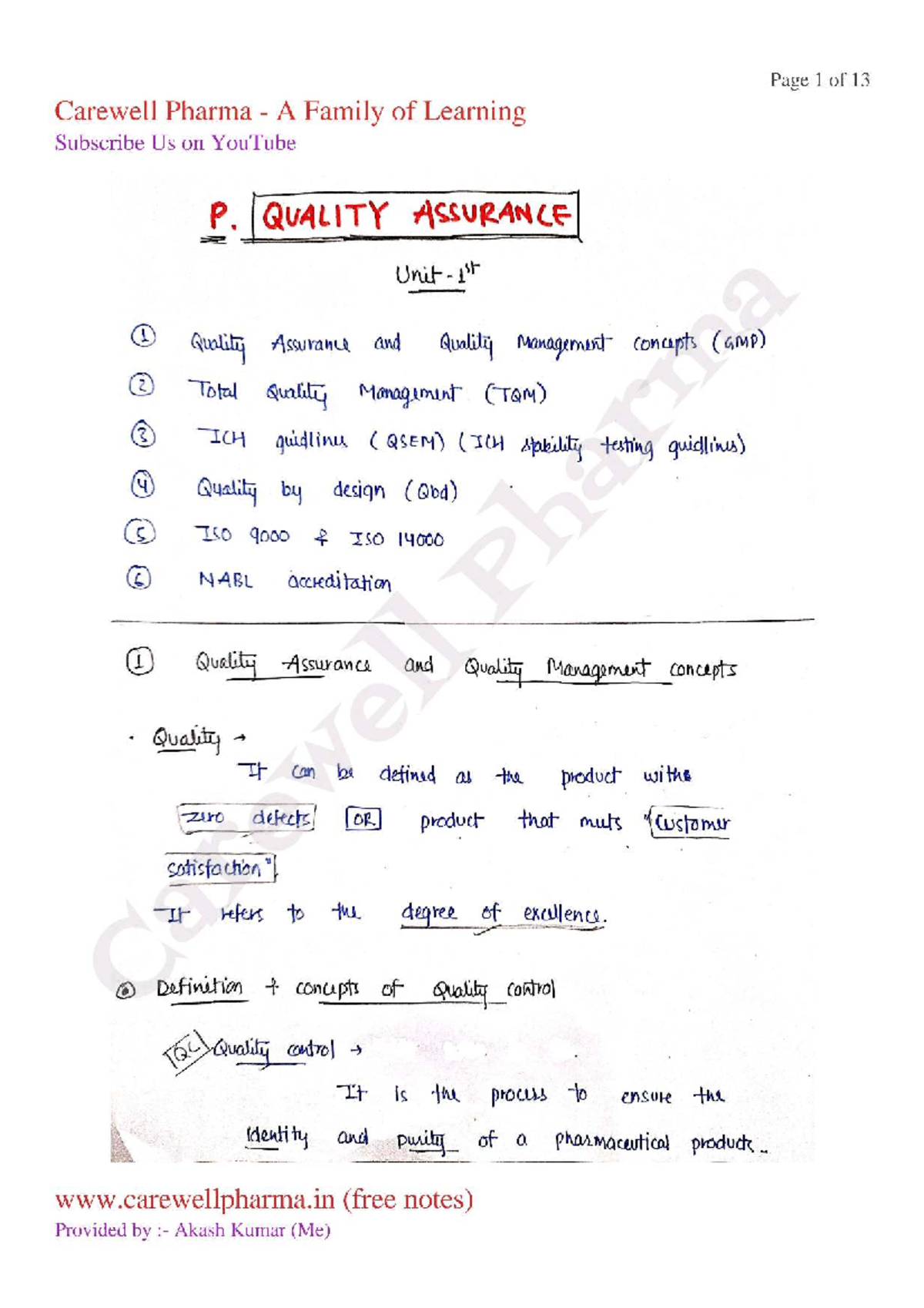 Unit 1: Pharmaceutical Quality Assurance Notes - B Pharmacy 6th Sem ...