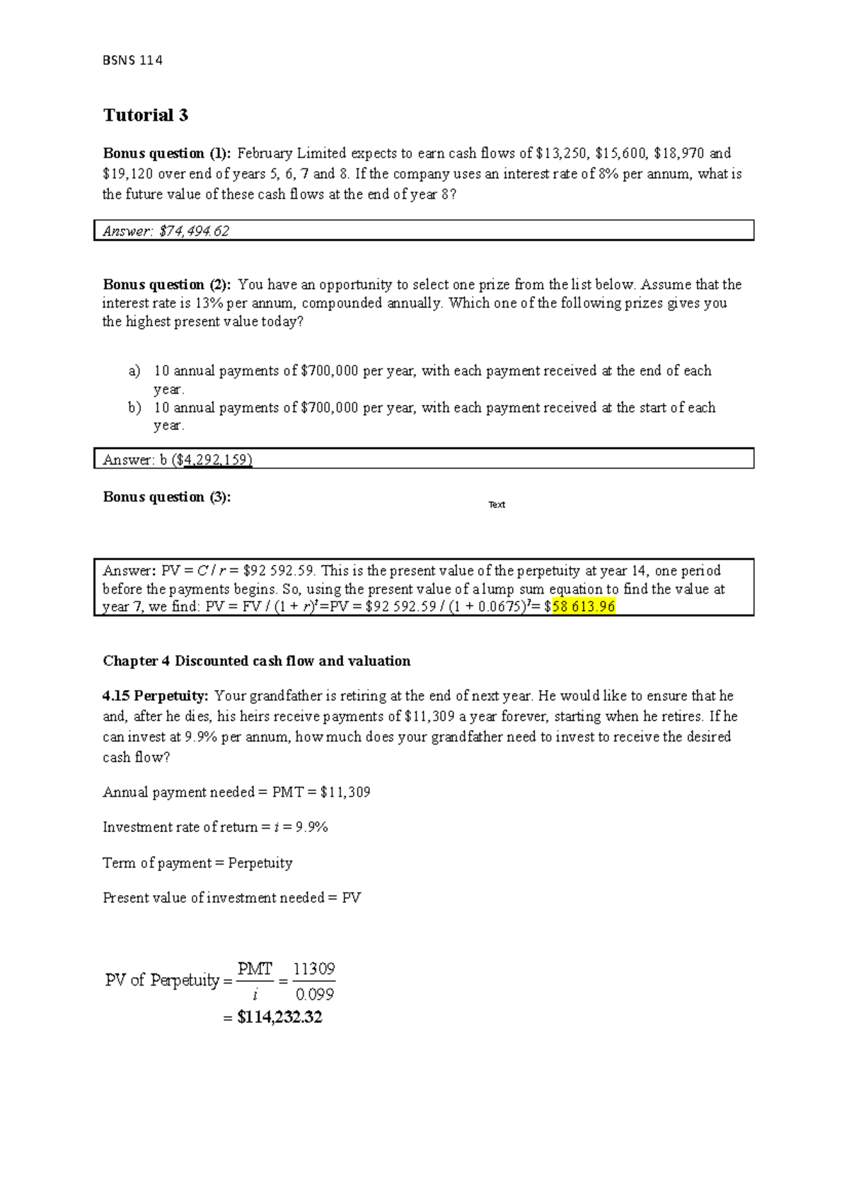 BSNS 114 Tutorial 3 Solutions: Cash Flow & Valuation Problems - Studocu