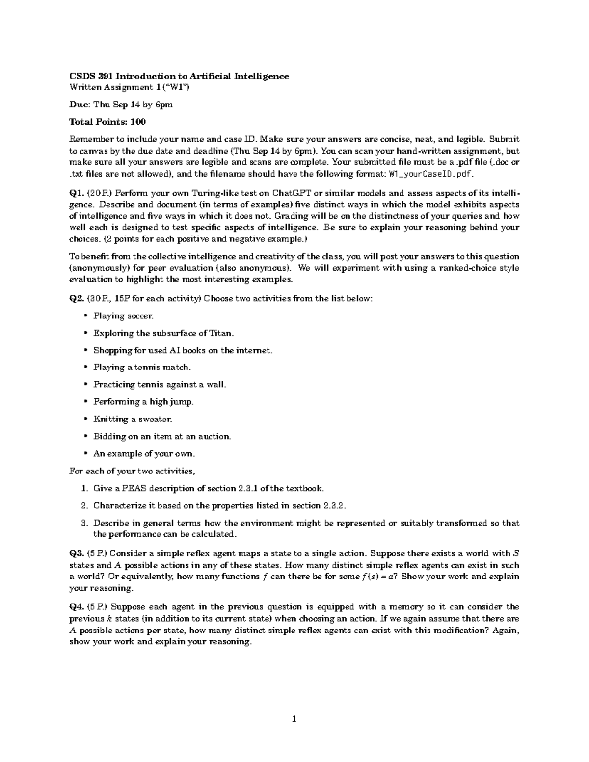 CSDS 391 - W1: Intro to AI Written Assignment Guidelines and Questions ...