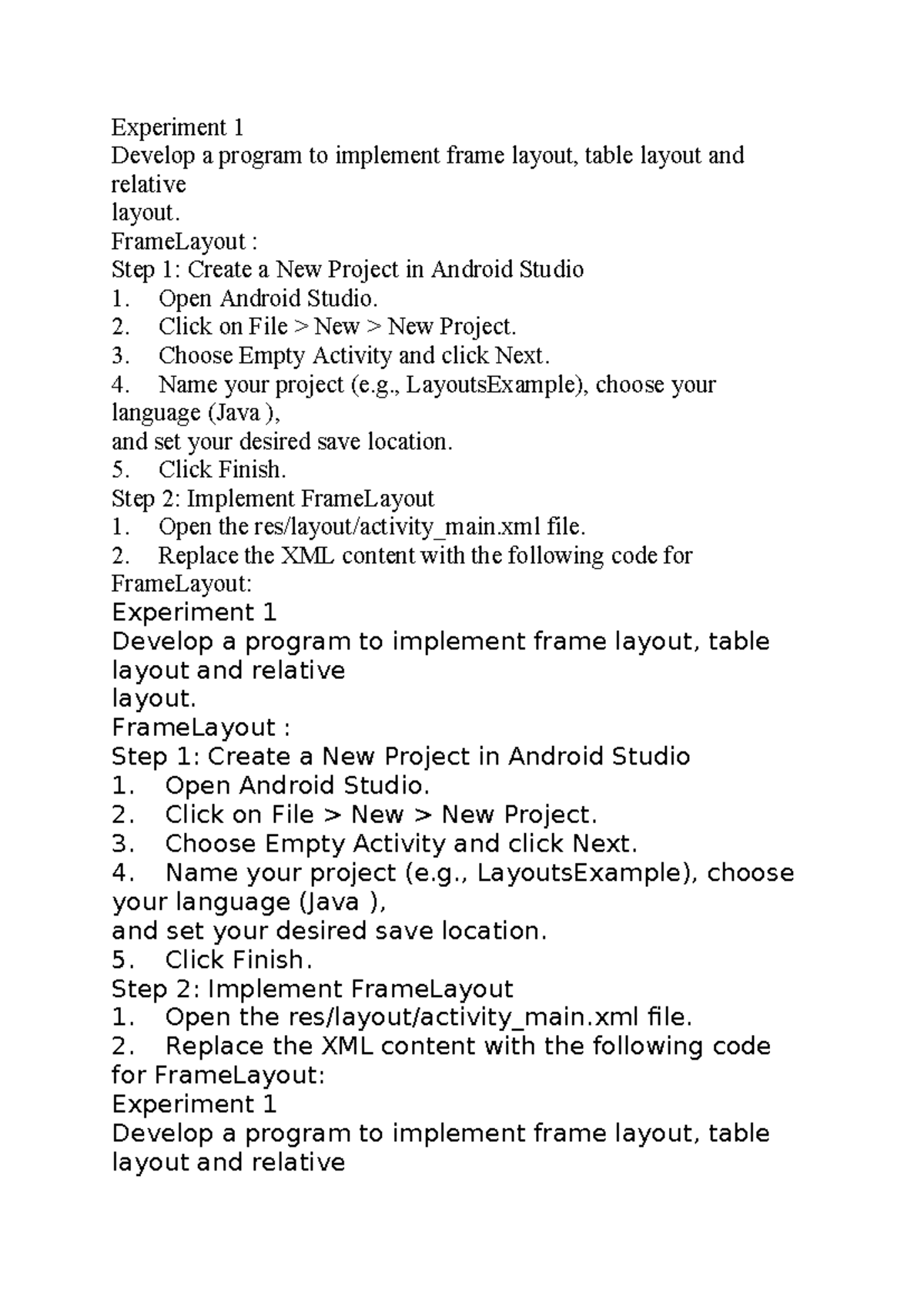 Experiment 1: Mobile App Development - Layout Implementations - Studocu