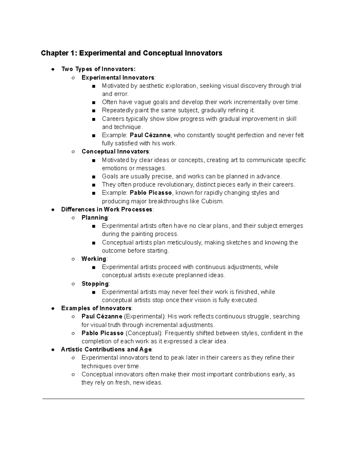 Chapter 1: Innovators in Art - Experimental vs. Conceptual - Studocu