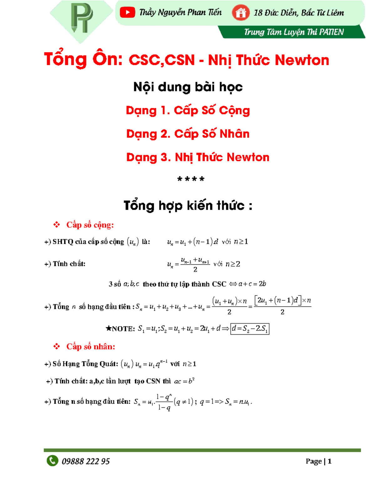 Tổng Ôn: CSC, CSN và Nhị Thức Newton (Lớp 11) - Studocu