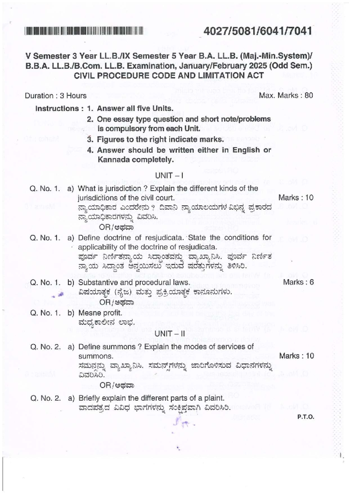 CIVIL PROCEDURE CODE & LIMITATION ACT - V Sem LL.B. Exam 2025 - Studocu