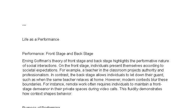 apl 120 exam summary - Life as a Performance Performance: Front Stage ...