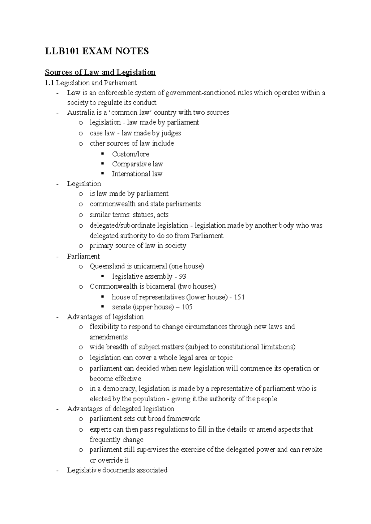 LLB101 FINAL EXAM NOTES: Sources of Law and Legislation Overview - Studocu