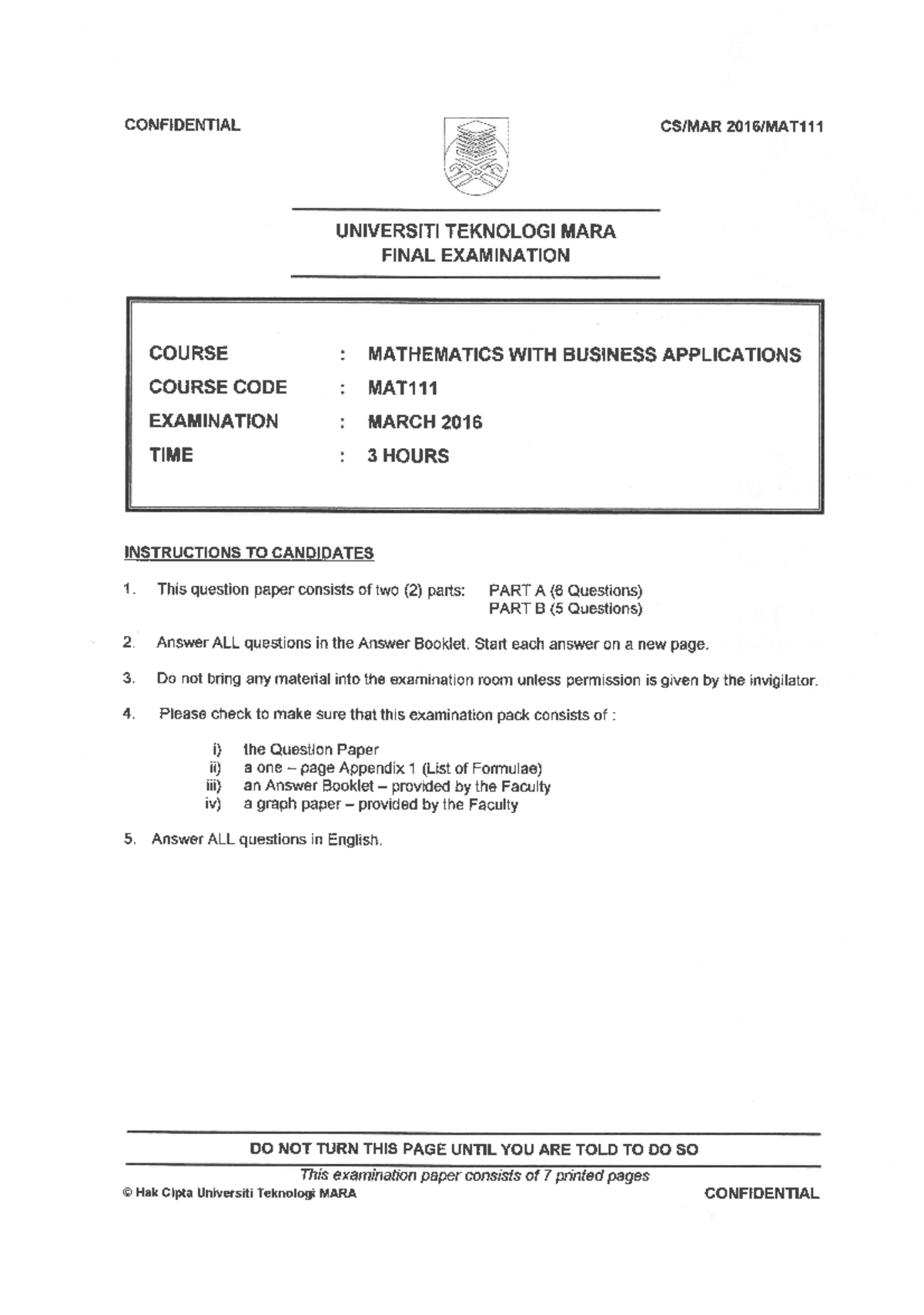 MAT111-1 - final exam - Business in Mathematics - Studocu