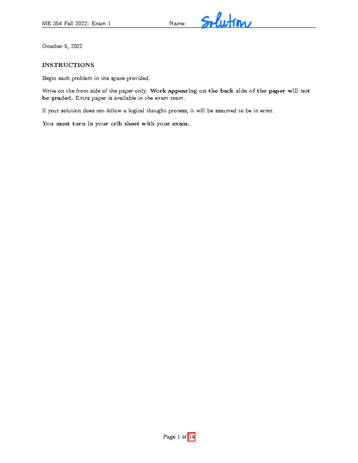 ME 354 Fall 2022: Exam 1 Solutions and Problem Analysis - Studocu