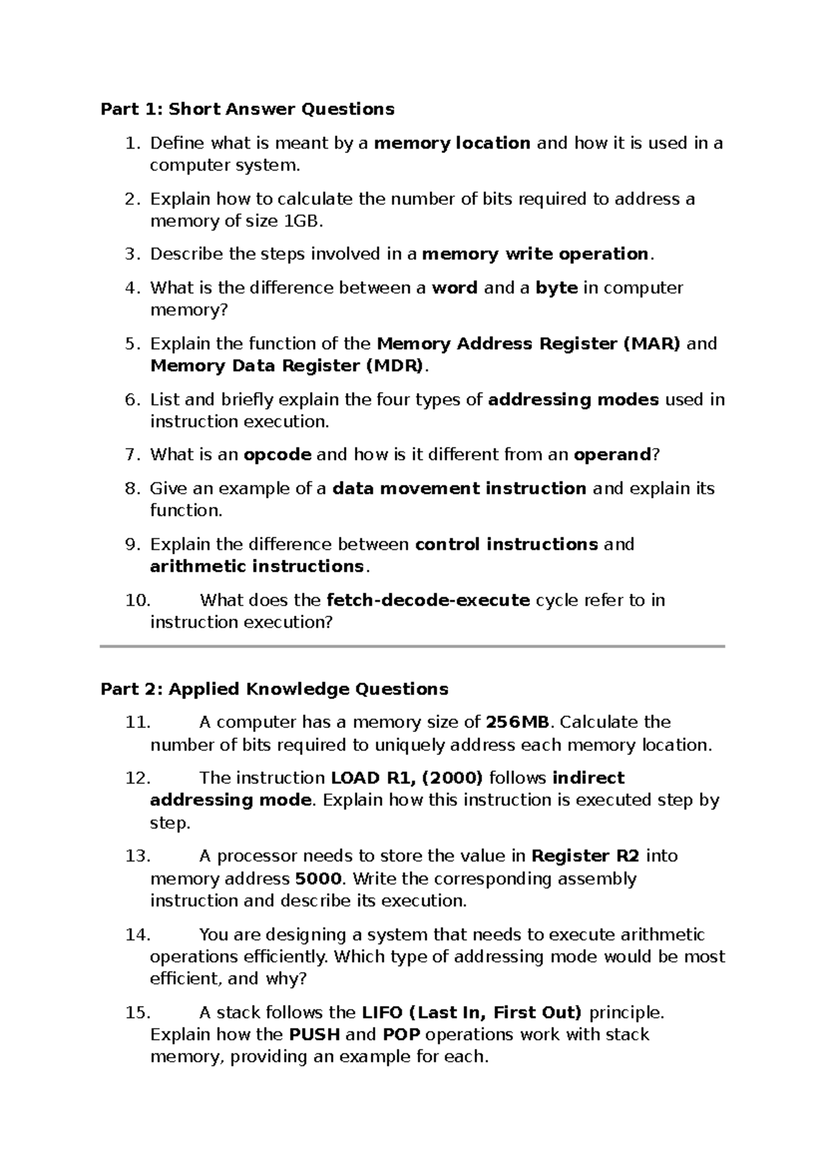 Practice Questions for Computer Memory Concepts - Chp 2 Part 2 - Studocu