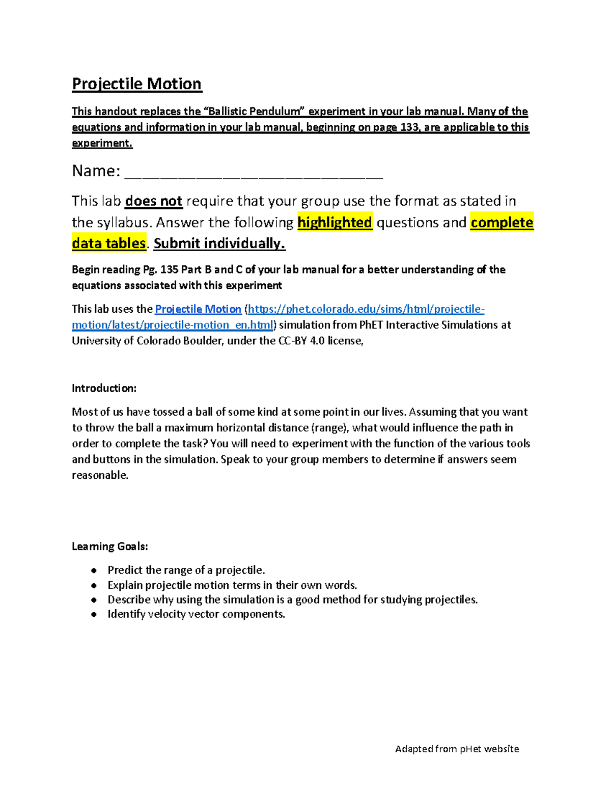 Projectile Motion Lab Introduction L- Online 21 - Studocu