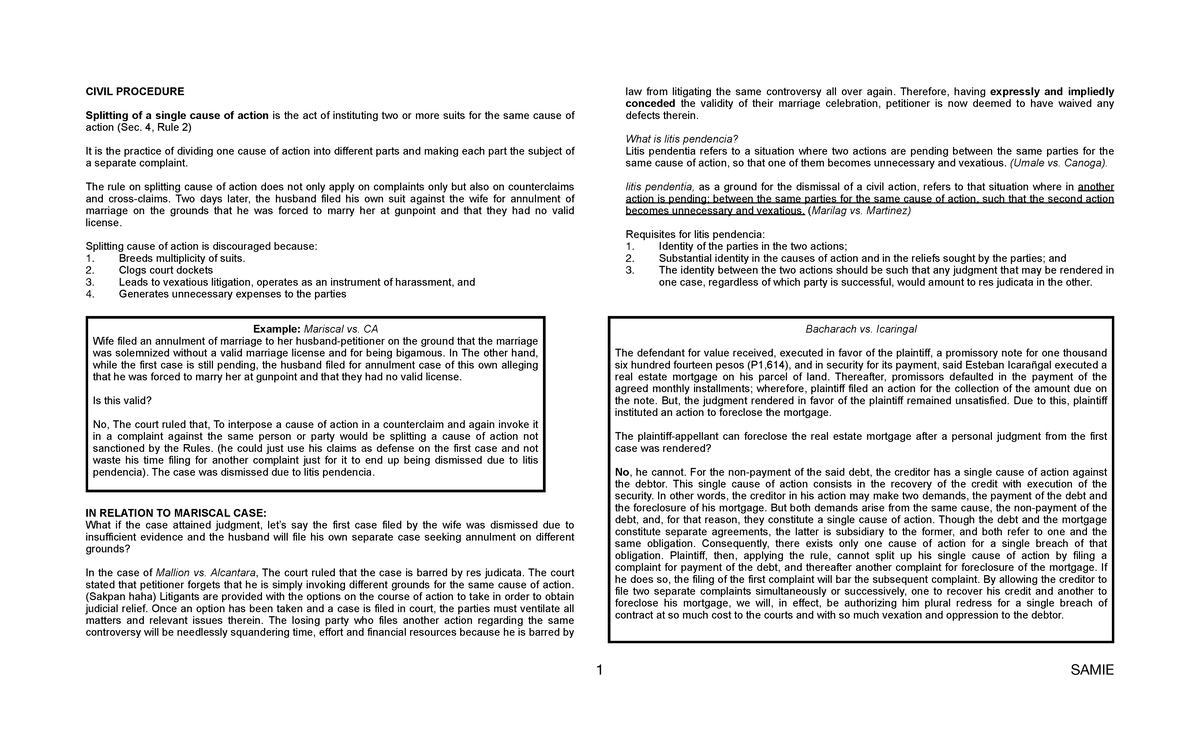 Splitting and Joinder of Causes of Action in Civil Procedure - Studocu