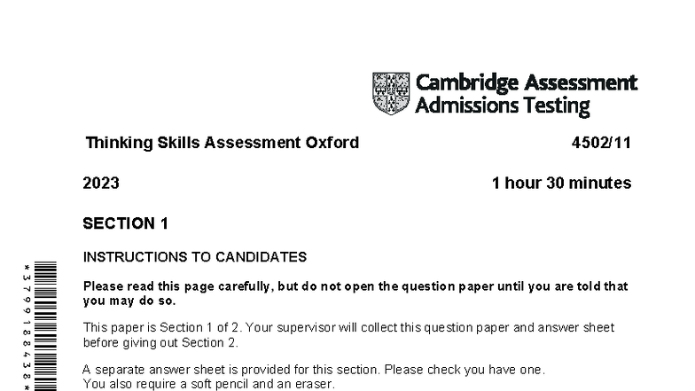 TSA 4502 - 2023 Thinking Skills Assessment Sample Paper - Studocu