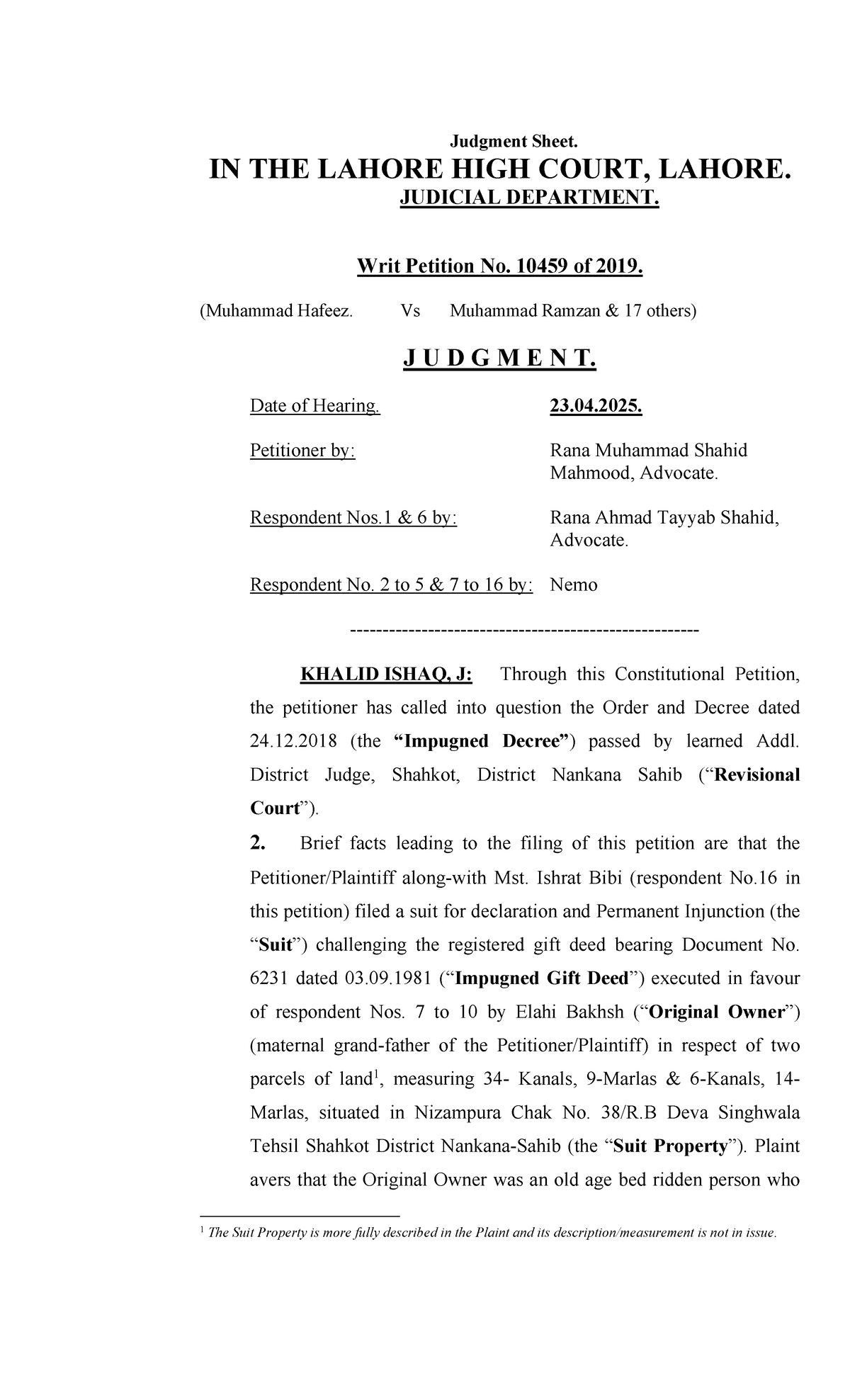 Writ Petition No. 10459 of 2019: Judgment Analysis by Lahore High Court ...