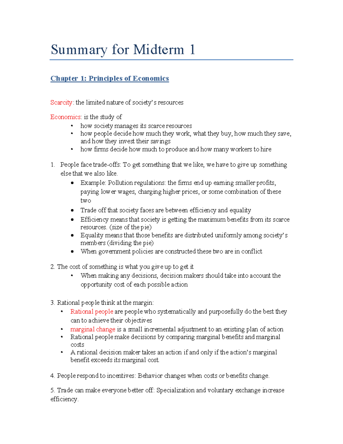 Summary for Midterm 1: Principles of Economics & Key Concepts - Studocu