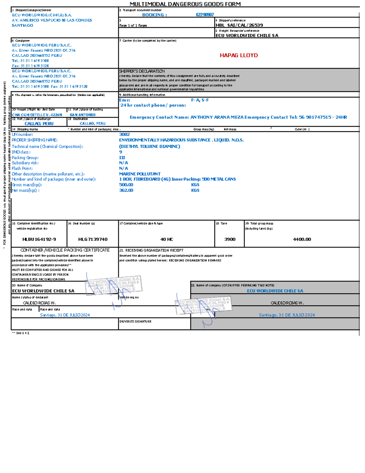 IMO 9 UN3082 Multi-Modal Dangerous Goods Form - HBL Saical 26539 - Studocu