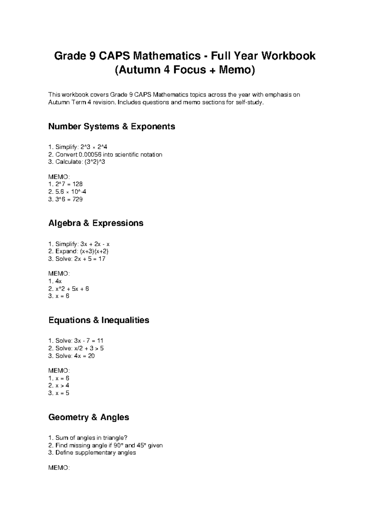Grade 9 CAPS Mathematics Full Year Workbook (Autumn Term 4) - Studocu