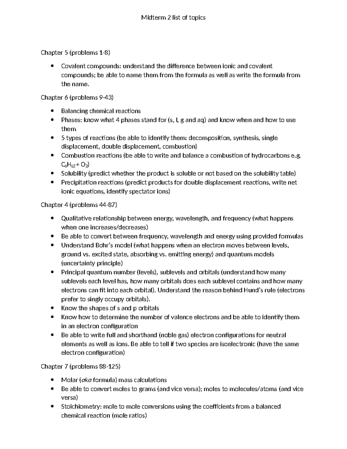 Chemistry 101 Midterm 2 Study Topics & Revision Guide - Studocu