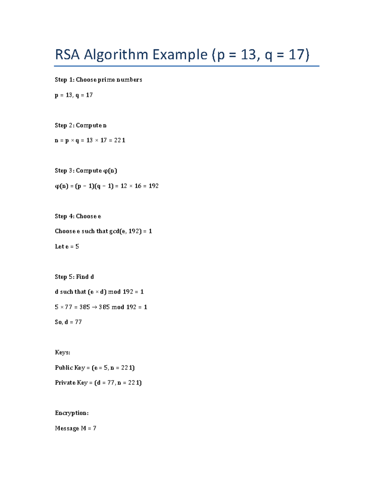RSA Algorithm Example: Step-by-Step Guide (p 13, q 17) - Studocu