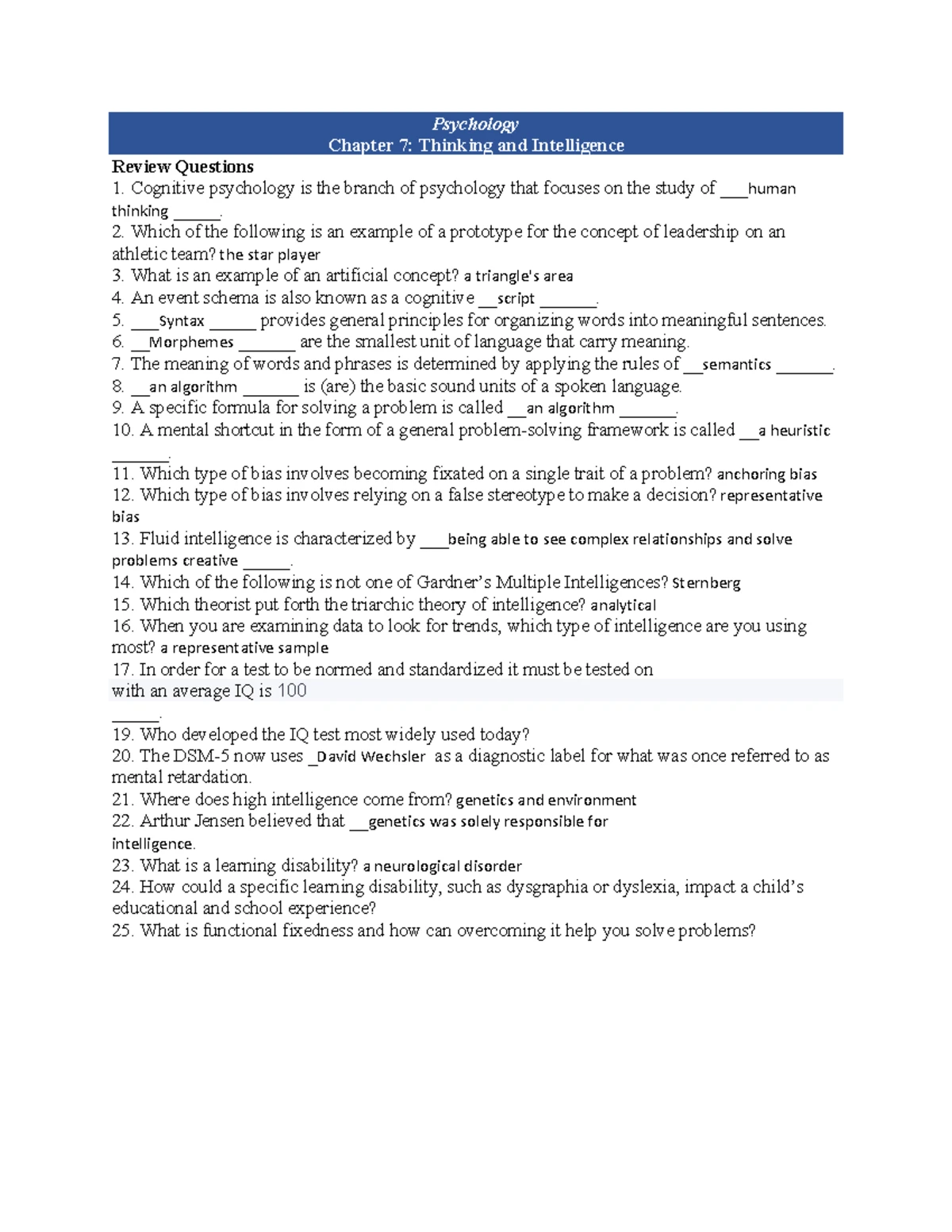 Psychology 101 - Chapter 15: Psychological Disorders Review Questions ...