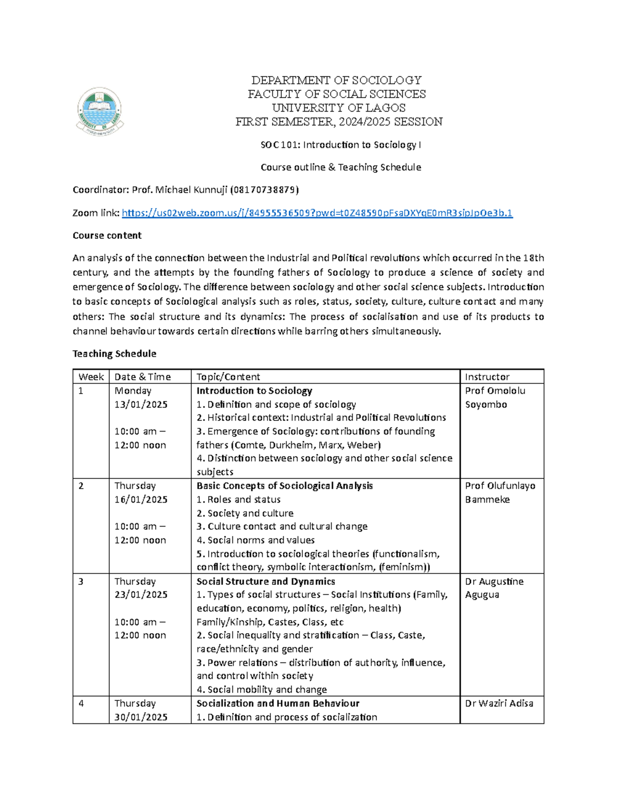 2024 2025 SOC 101 Teaching Schedule - DEPARTMENT OF SOCIOLOGY FACULTY ...