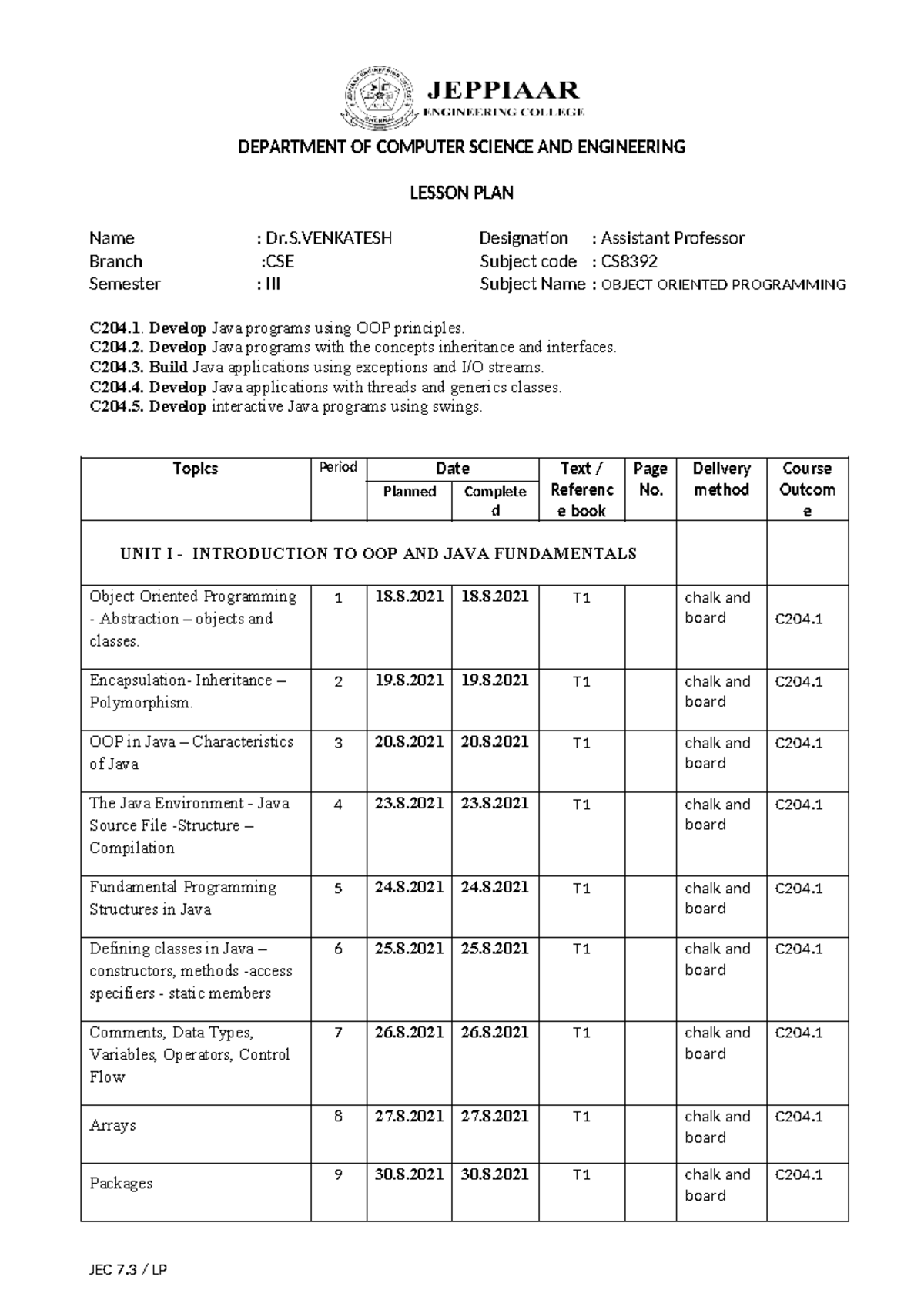 7.3 Lesson Plan -B - OOPS - DEPARTMENT OF COMPUTER SCIENCE AND ...