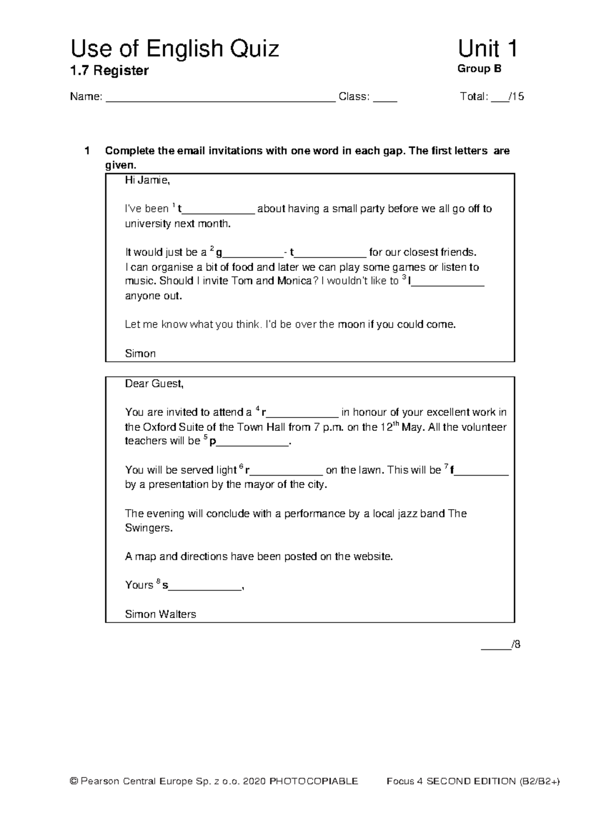 Focus 4 2E Use of English Quiz Unit 1 - Group B Answers - Studocu