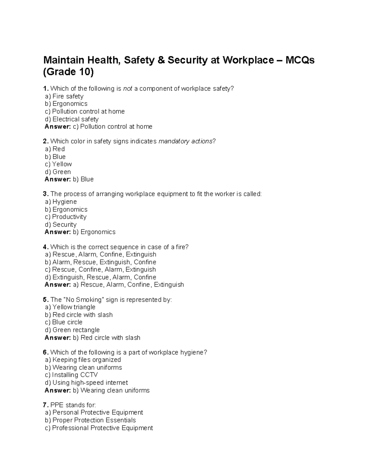 Maintain Health, Safety & Security at Workplace MCQs (Grade 10) - Studocu