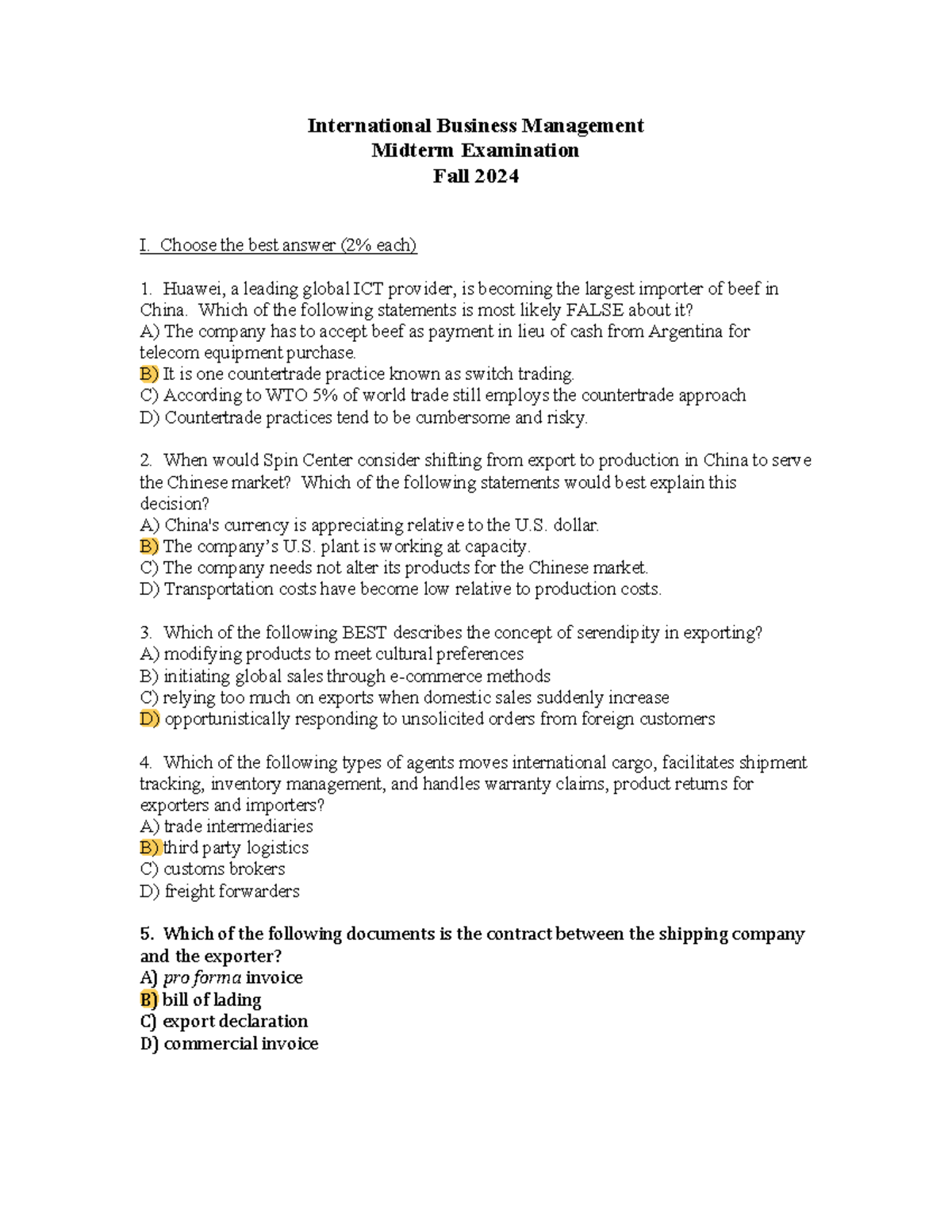 International Business Management Midterm Exam Fall 2024 - Studocu