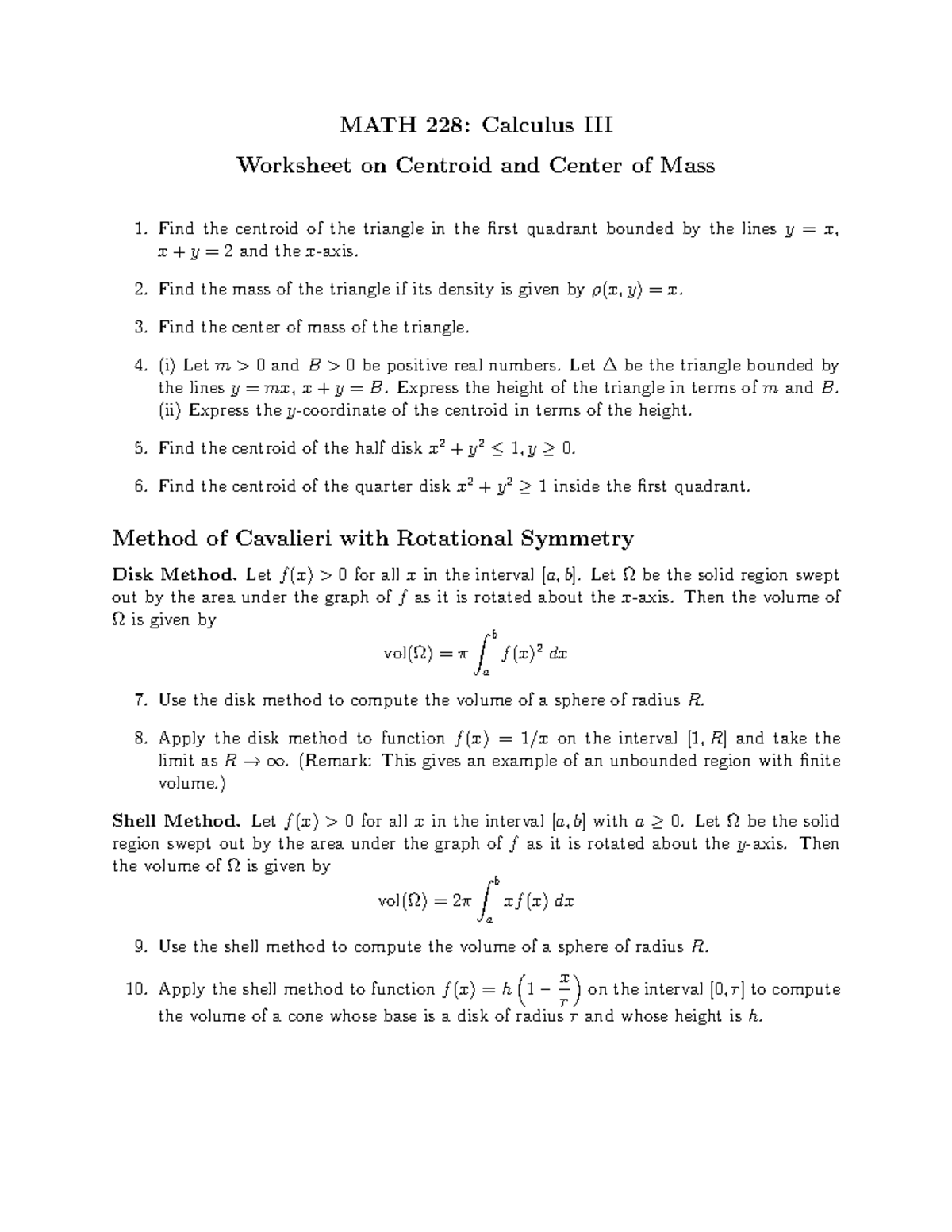Worksheet on centroid and center of mass - MATH 228: Calculus III ...
