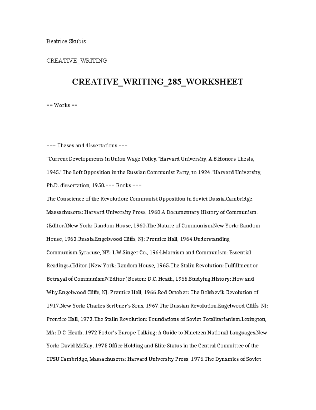 Creative Writing 285 Worksheet - Beatrice Skubis CREATIVE_WRITING ...
