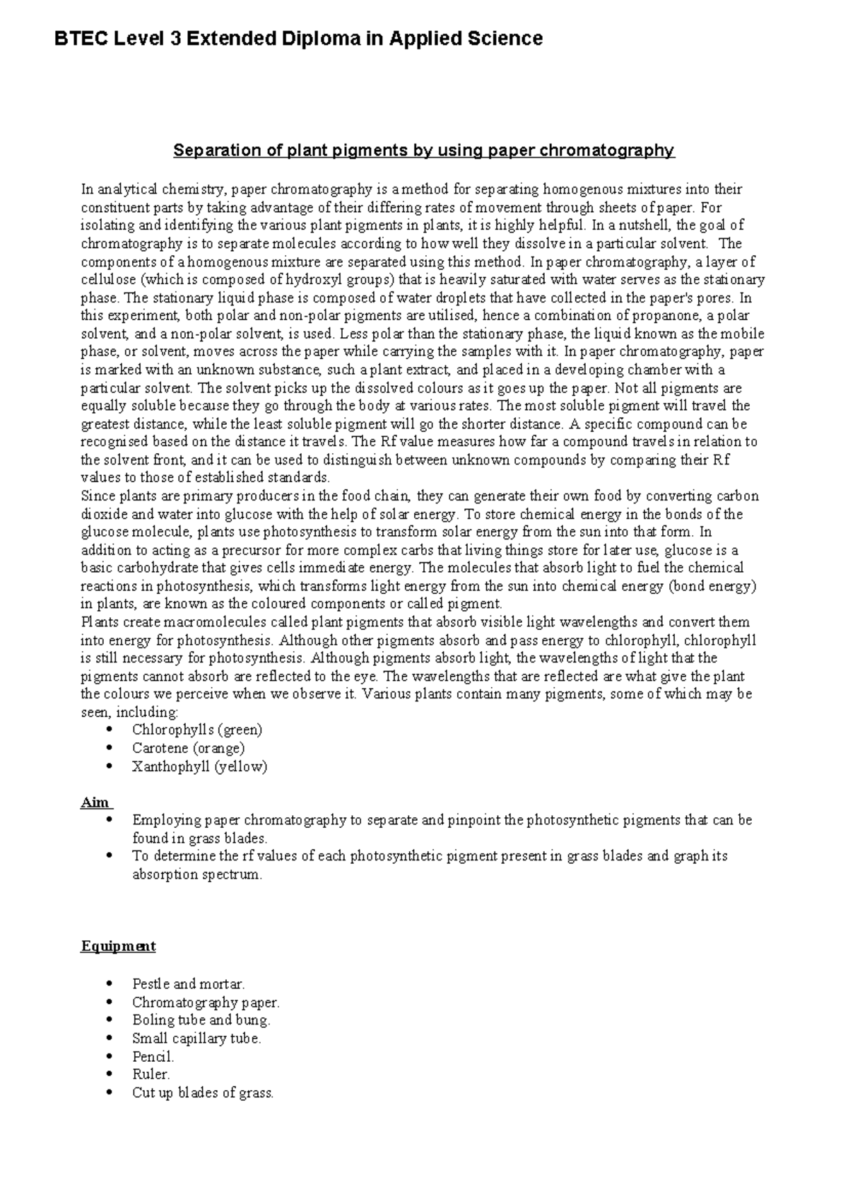 BTEC Applied Science Unit 2 Assignment 3: Chromatography Analysis ...