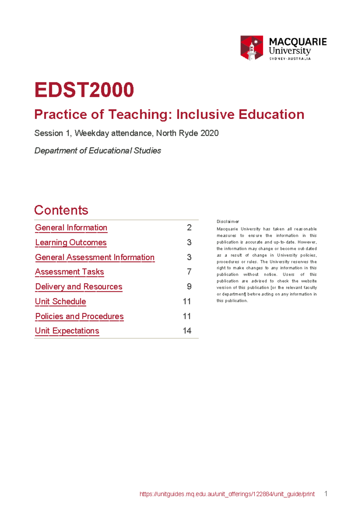 Unit Guide - EDST Practice of Teaching: Inclusive Education Session 1 ...
