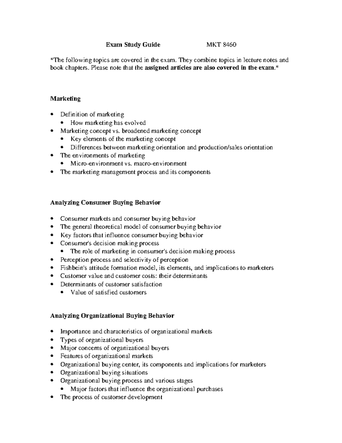 Final Exam Study Guide for MKT 8460: Key Marketing Concepts ...