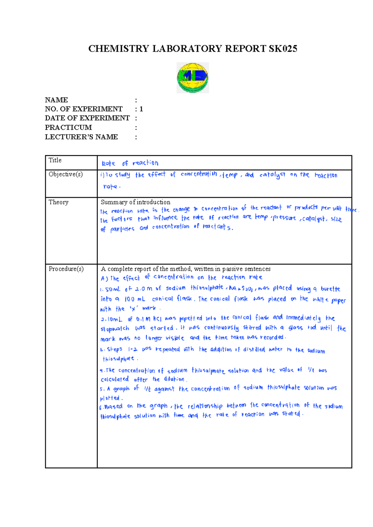CHEMISTRY LAB REPORT SK025: SEM 2 EXP 1 - Reaction Rate Analysis - Studocu