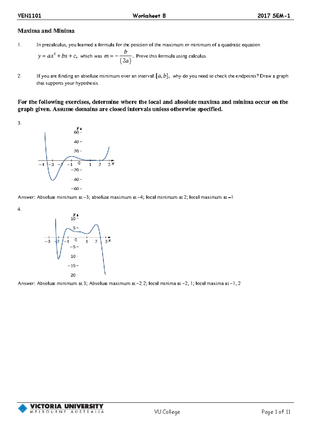 Worksheet 08 with answers - Maxima and Minima In precalculus, you ...