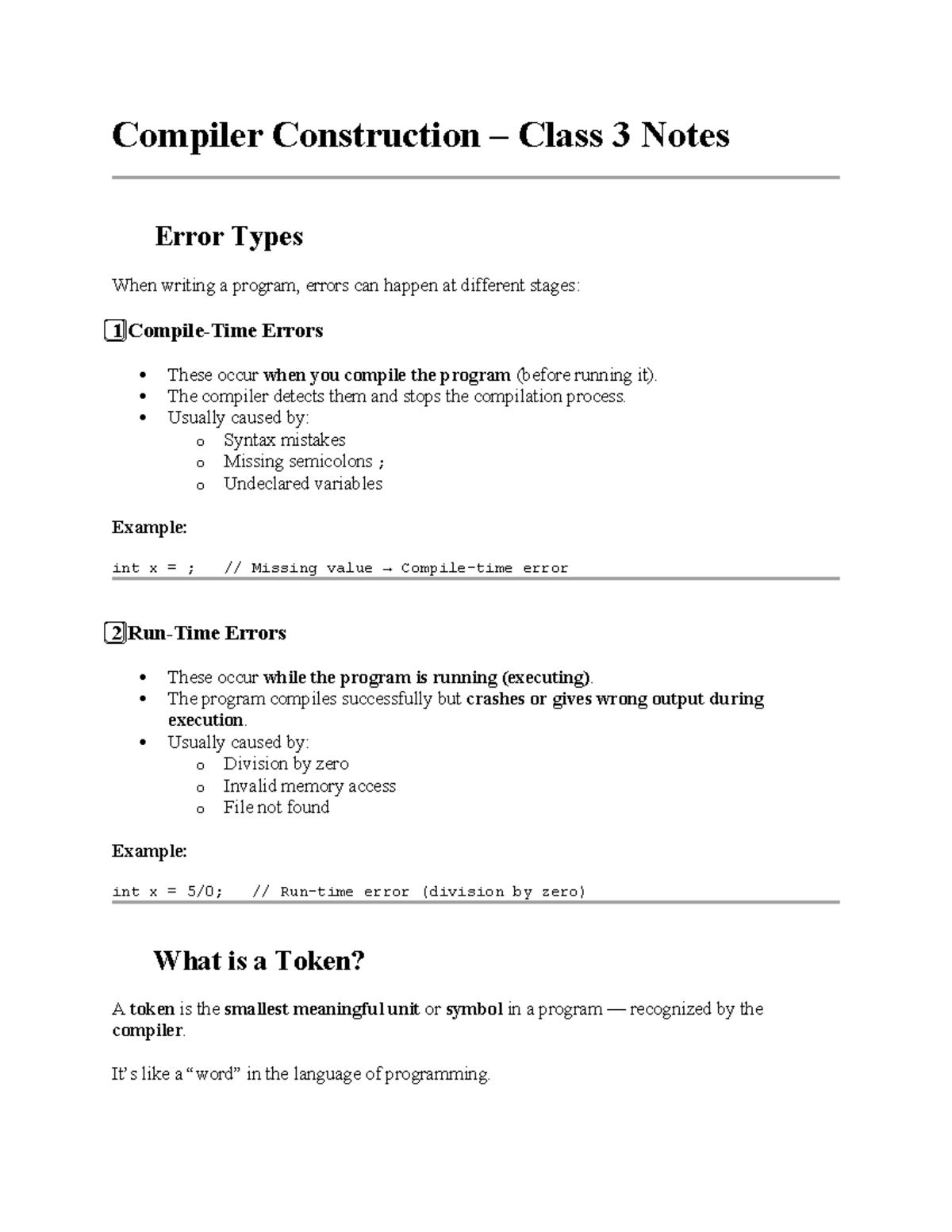 Compiler Construction CC-3 Class Notes: Error Types and Tokens - Studocu