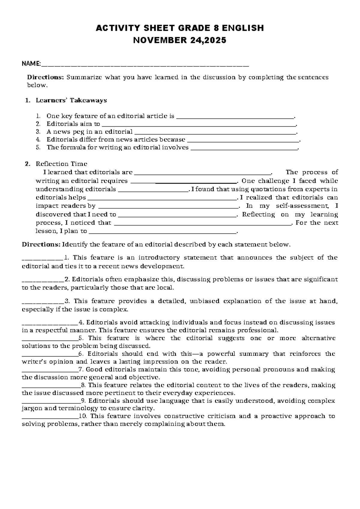 Grade 8 English Activity Sheet: Understanding Editorials - Studocu