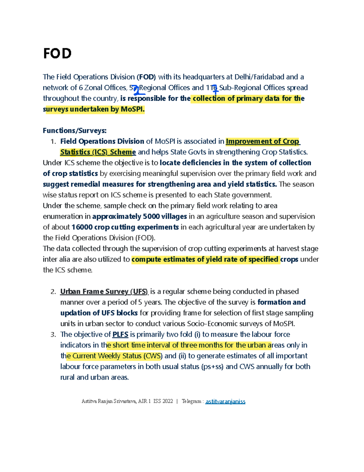 FOD: Overview of Field Operations Division & Key Surveys by MoSPI - Studocu