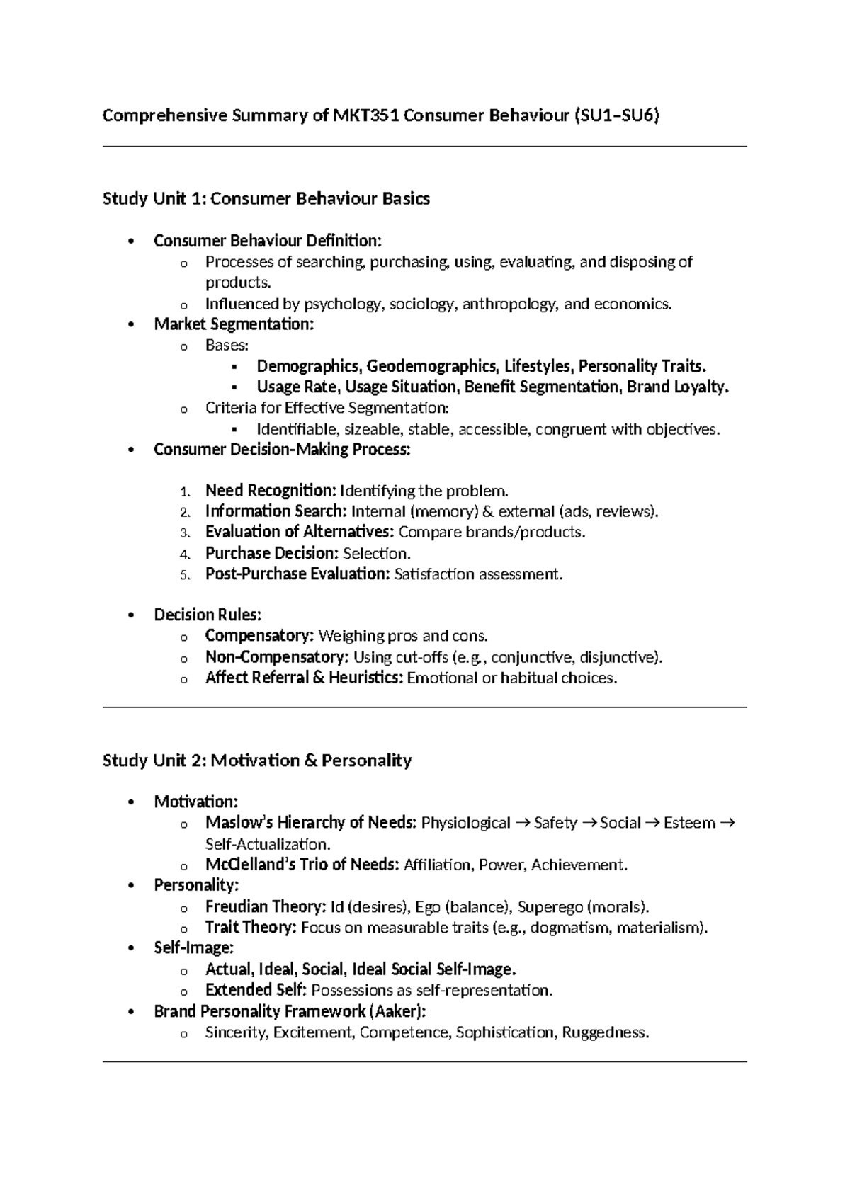 MKT351 Final Exam Review: Consumer Behaviour Key Concepts & Theories ...