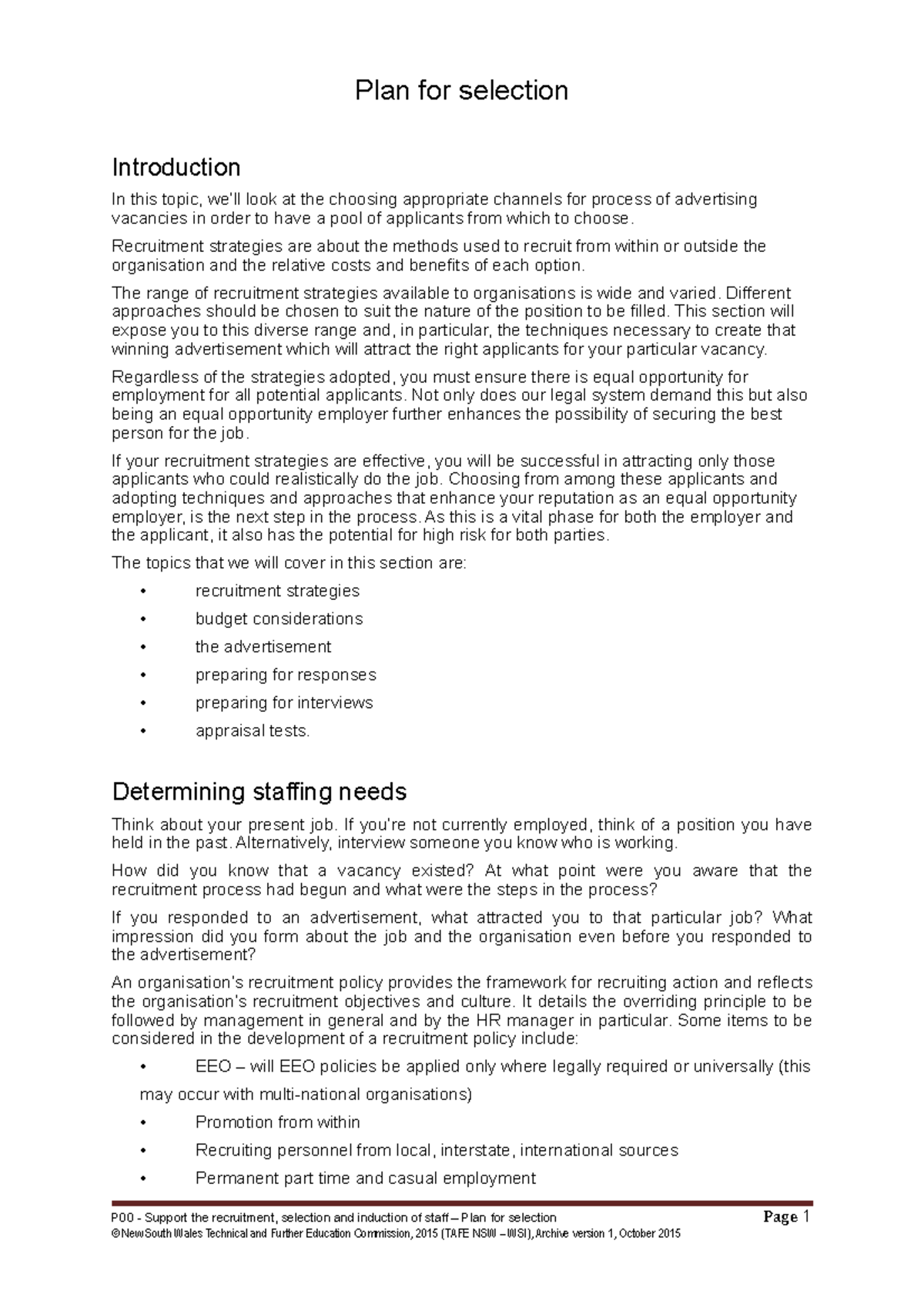 Plan for selection - Plan for selection Introduction In this topic, we ...