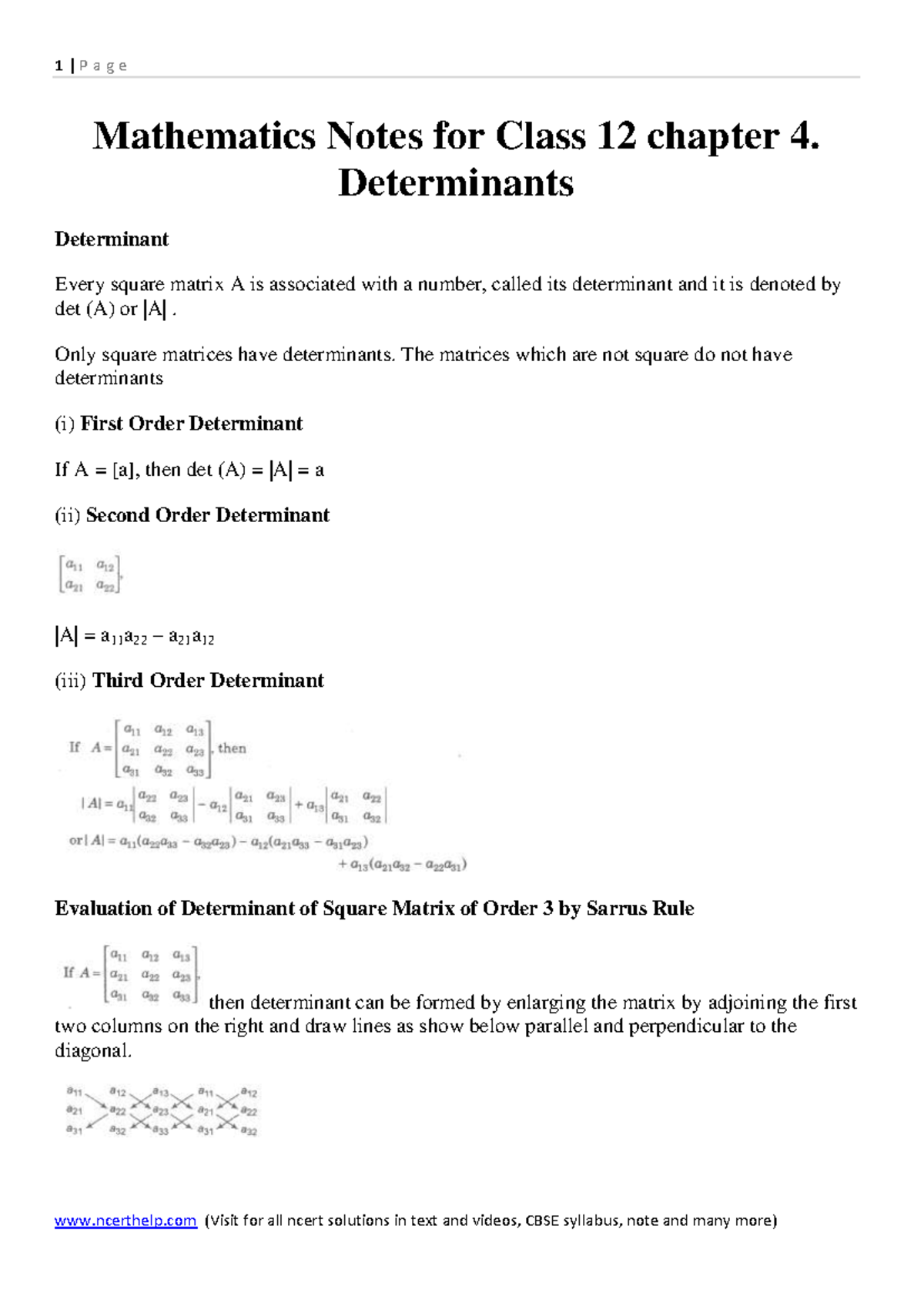 Maths Class 12 Notes: Chapter 4 - Determinants Explained - Studocu