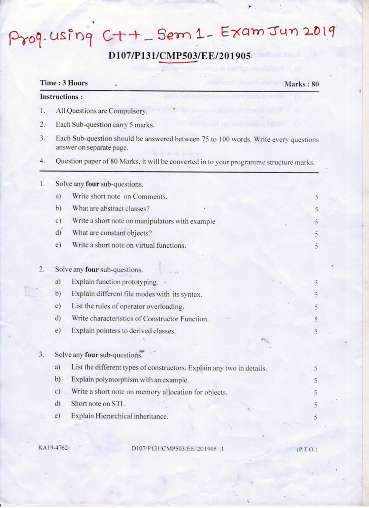 C++-Prog sem1 Exam Jun2019 - Proq. using Sem Exam Jun 2019 Time : 3 ...