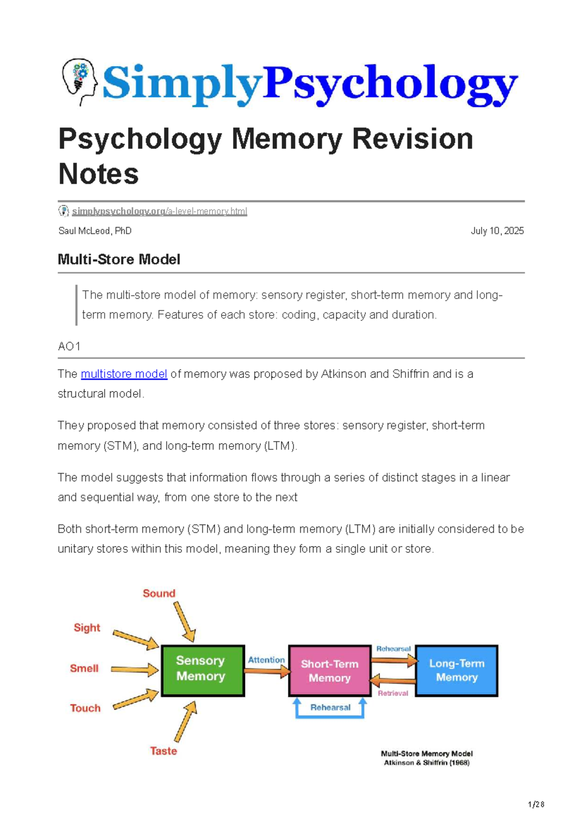 Psychology Memory Revision Notes (PSY101) - Saul McLeod, PhD - Studocu