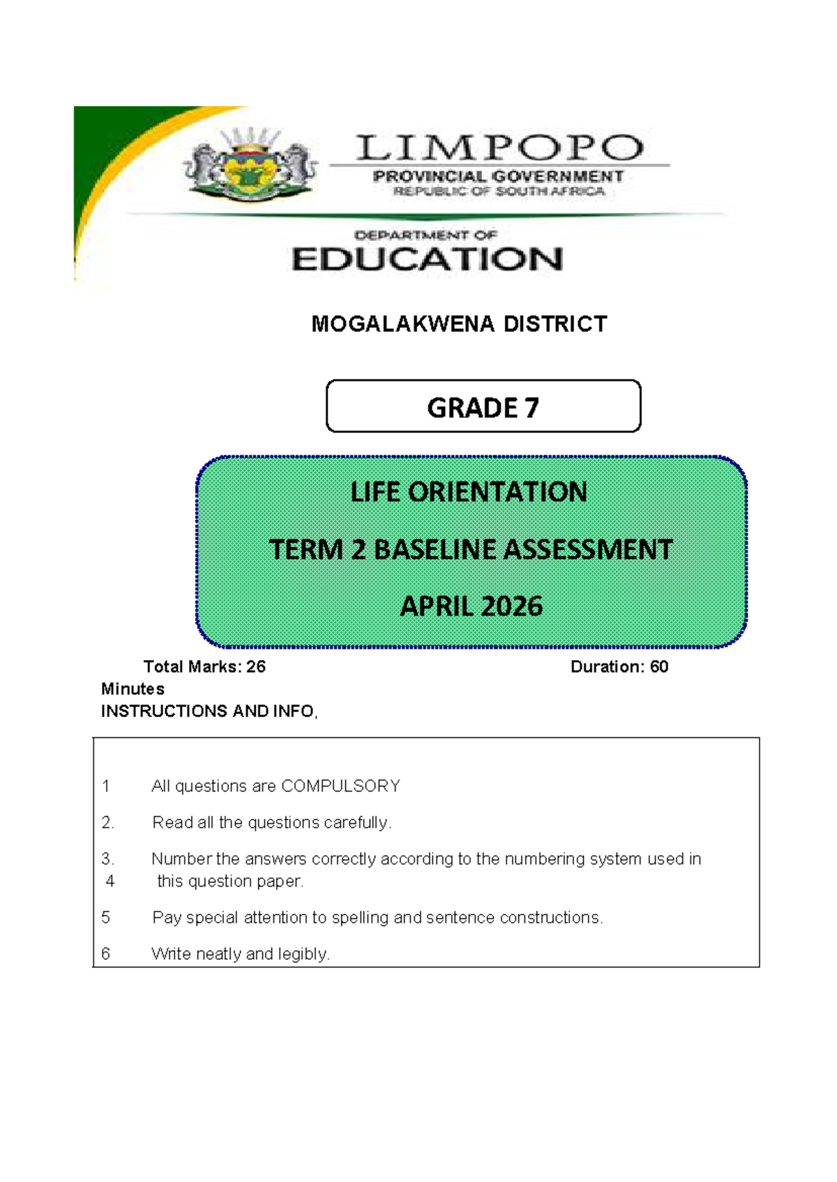 Grade 7 Life Orientation Term 2 Baseline Assessment 2026 - Studocu