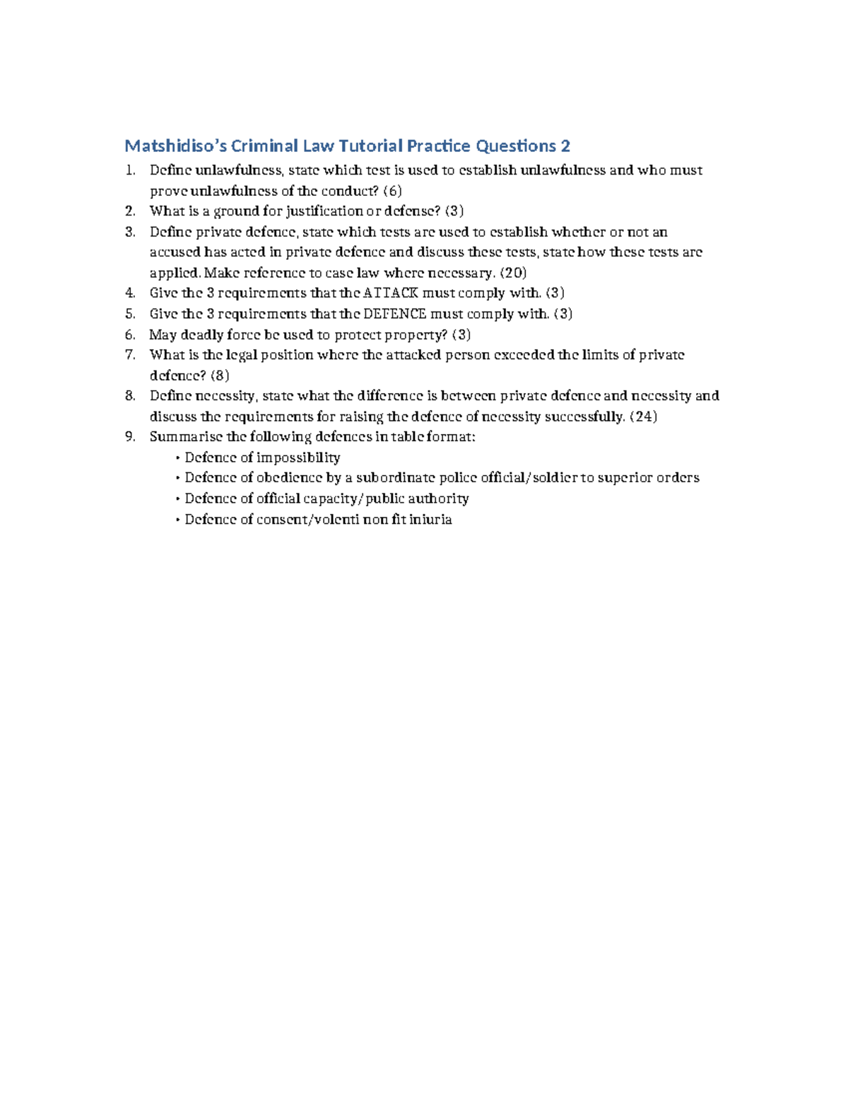 Criminal Law Tutorial Questions 2: Unlawfulness & Defenses - Studocu