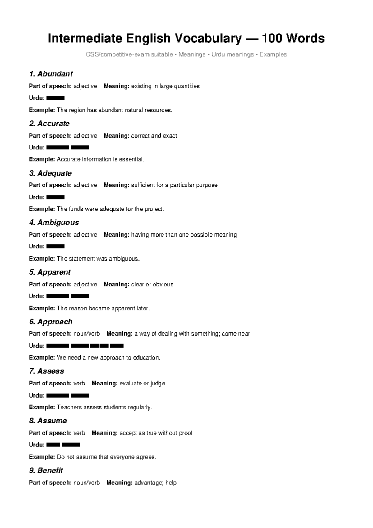 Intermediate English Vocabulary: 100 Words with Meanings & Examples ...